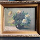 Vintage French oil painting of chrysanthemums, signed