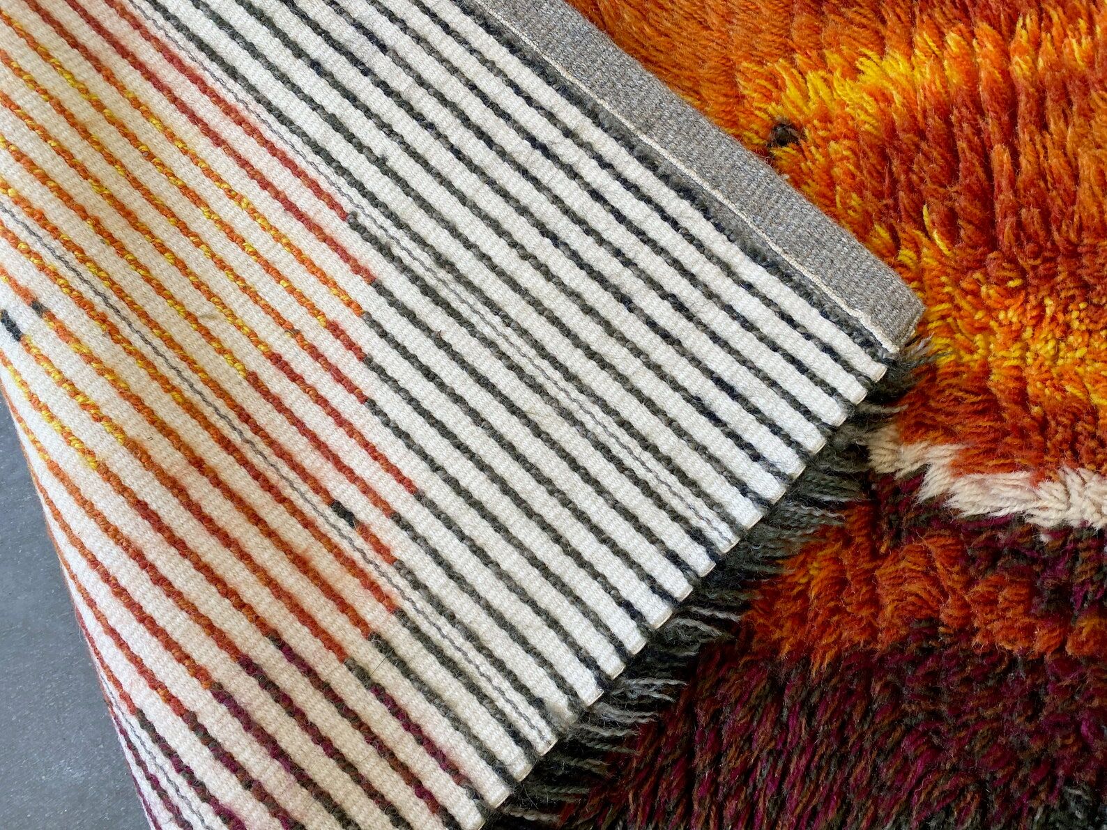 Green and orange Scandinavian Rya Rug, Vintage Wool Carpet 127x76cm