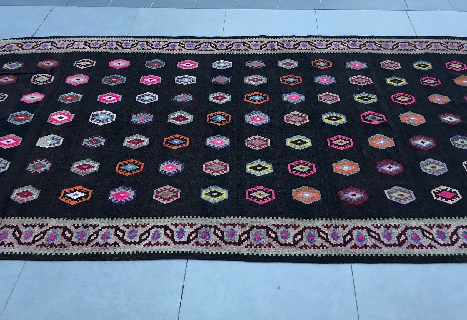 Old black anatolian oushak kilim rug with colorful patterns 305 X 173 cm
