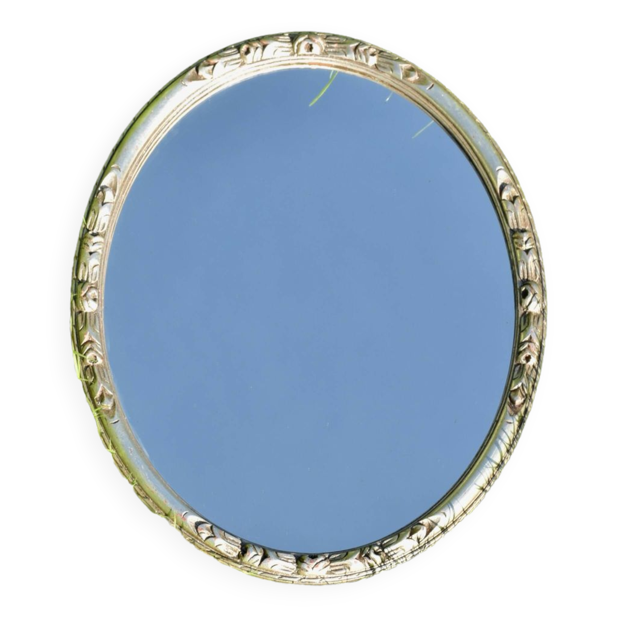 Old large oval wall mirror in silver painted wood - 1950s