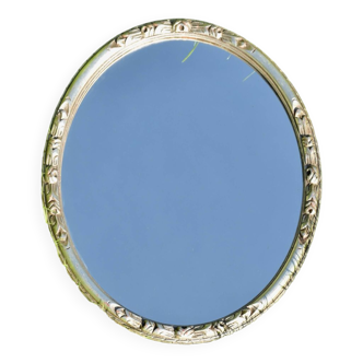 Old large oval wall mirror in silver painted wood - 1950s