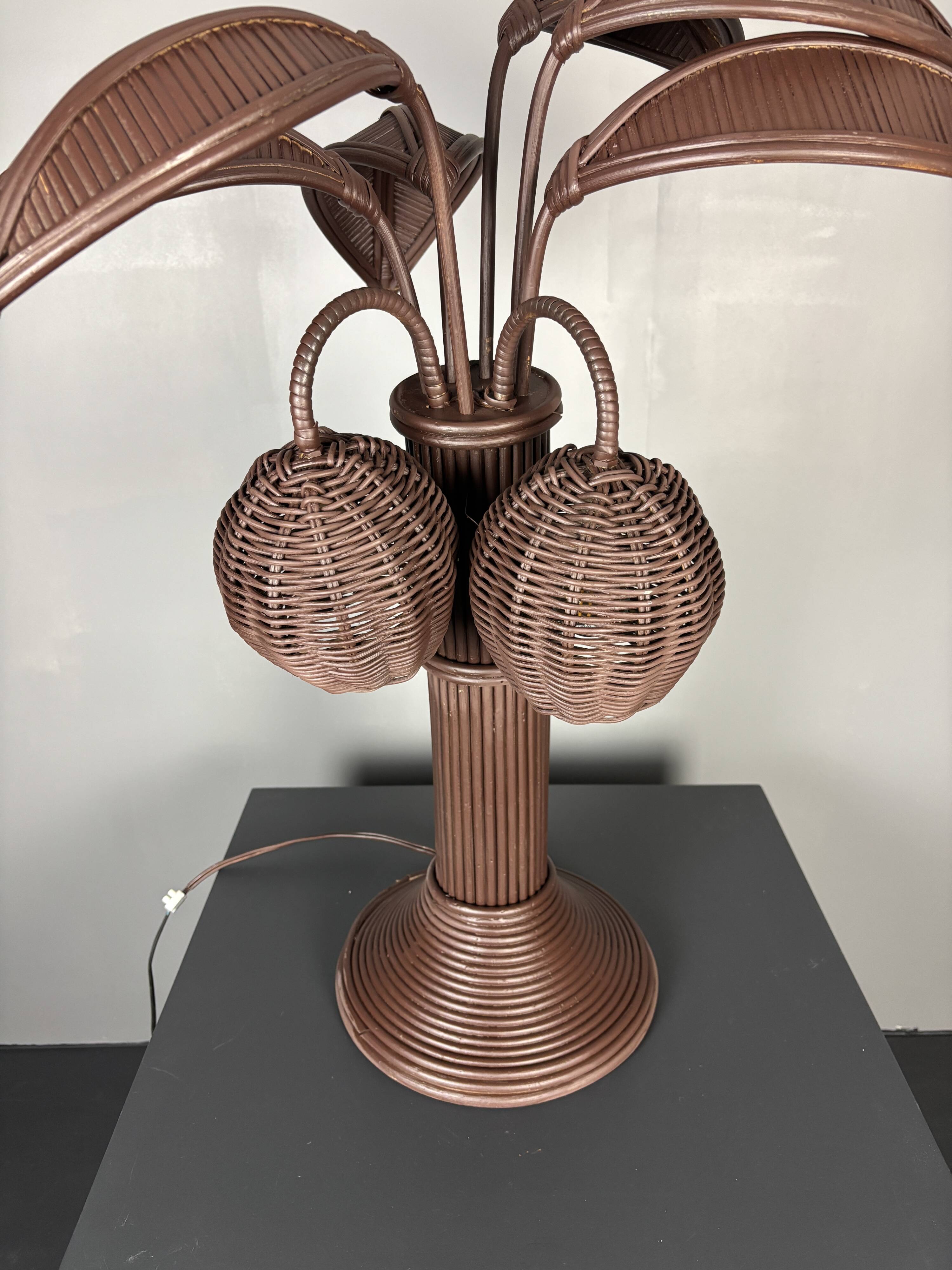 Pencil reed rattan bamboo palm tree coconut table lamp Maro Lopez style 70s