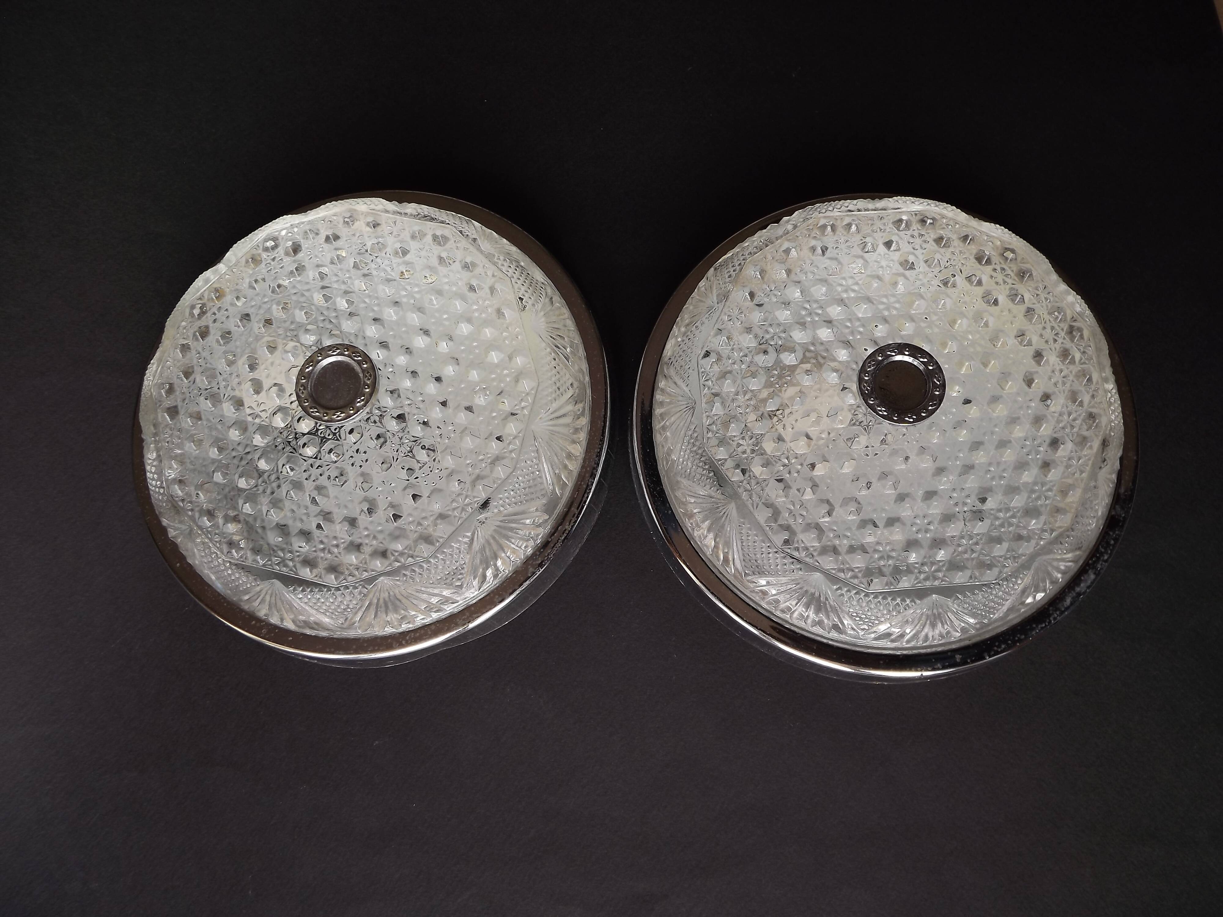 Pair of French Vintage Semi-Flush Cut Glass and Silver Metal Wall Lights