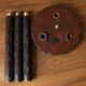 Set of two vintage round tripod stools, wooden farm stools.
