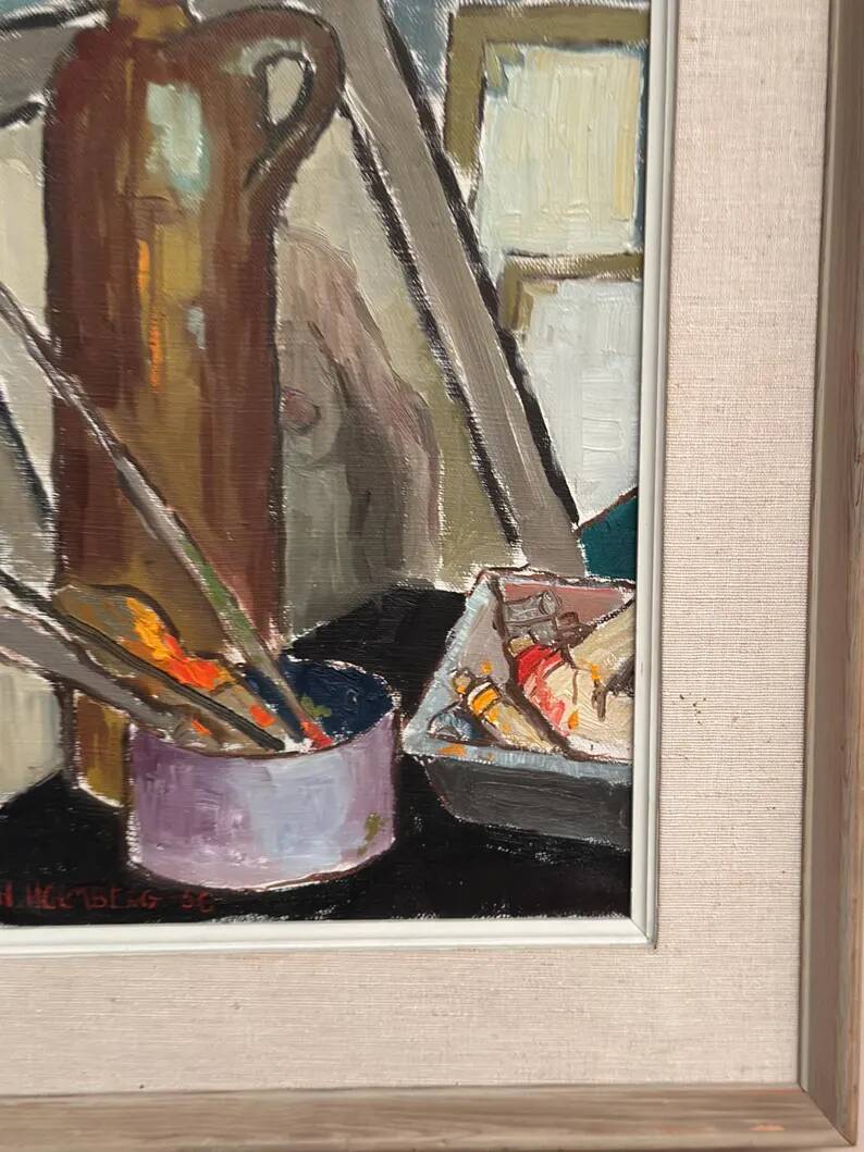 Original Swedish Oil on Canvas – “Still Life” by Harry Holmberg – Signed – Dated 1956 – Vintage & Framed – 47 × 34.5 cm (18.5" × 13.6")