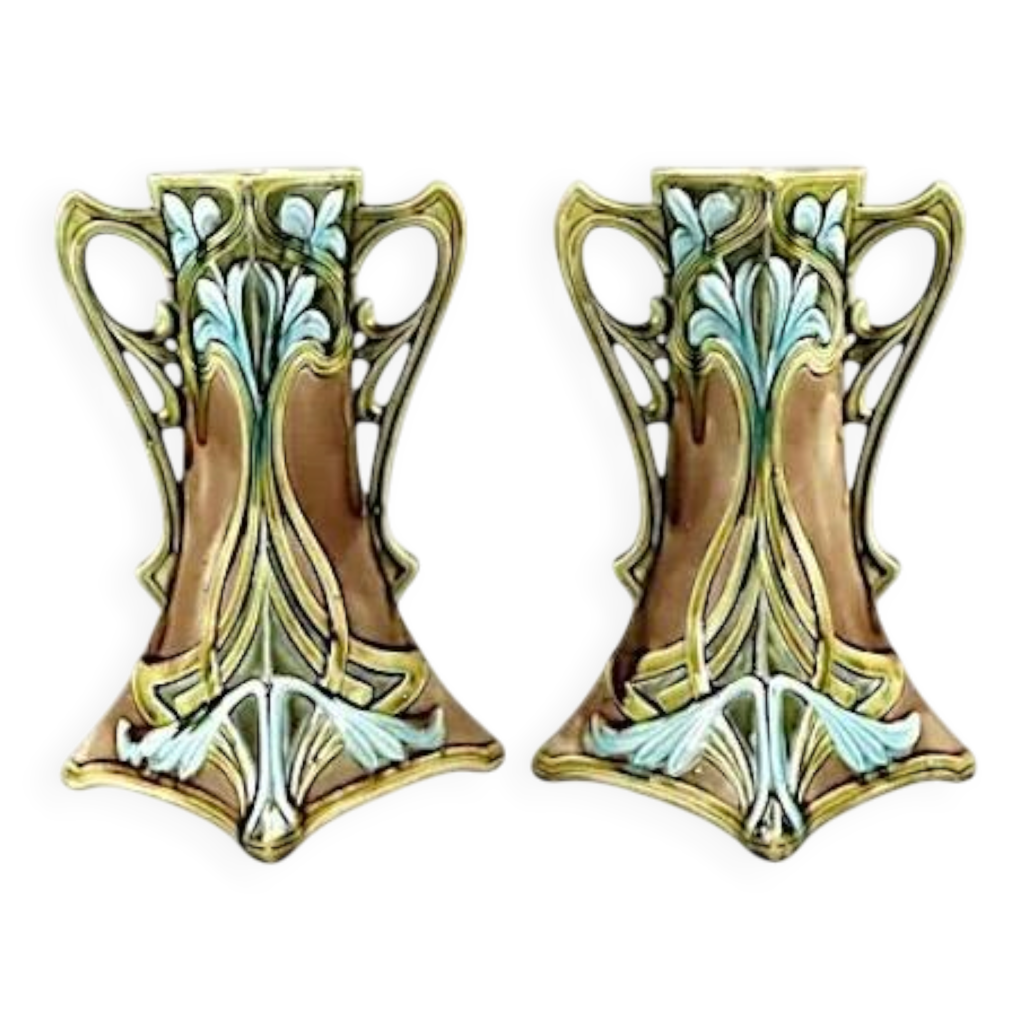 Art Nouveau, two barbotine vases from Onnaing around 1920.