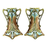 Art Nouveau, two barbotine vases from Onnaing around 1920.