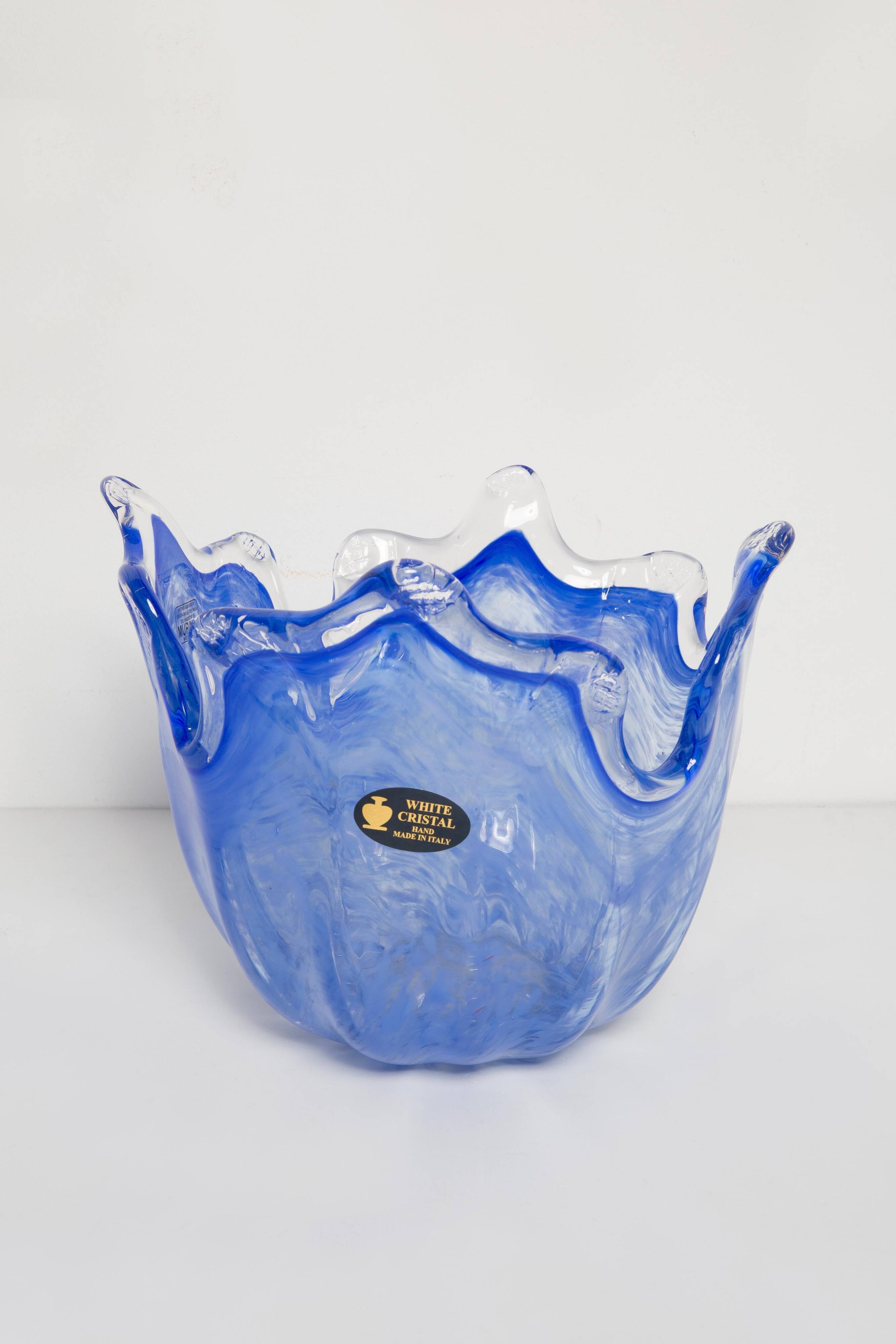 Medium blue Murano glass bowl, mid-century style, Italy, 2000s.