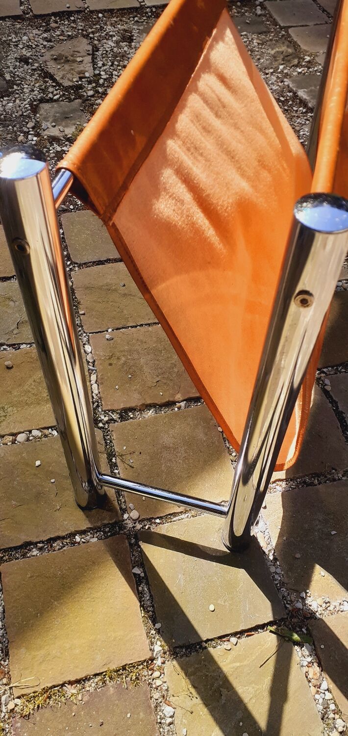 Vintage magazine holder from the 70s chrome metal and tan imitation leather