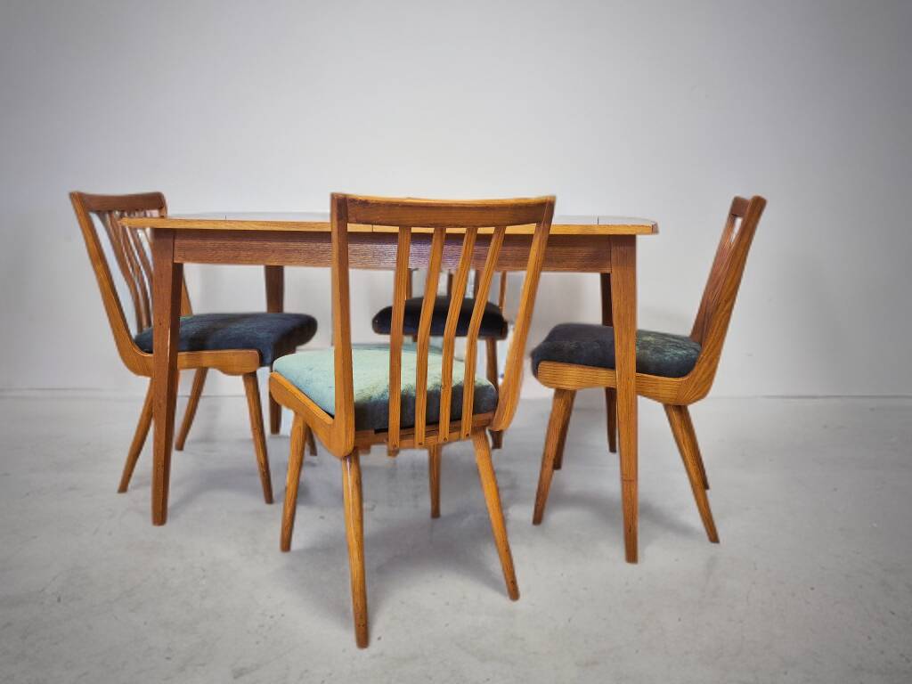 Dining room set, extendable table and 4 chairs, Czech vintage 19.