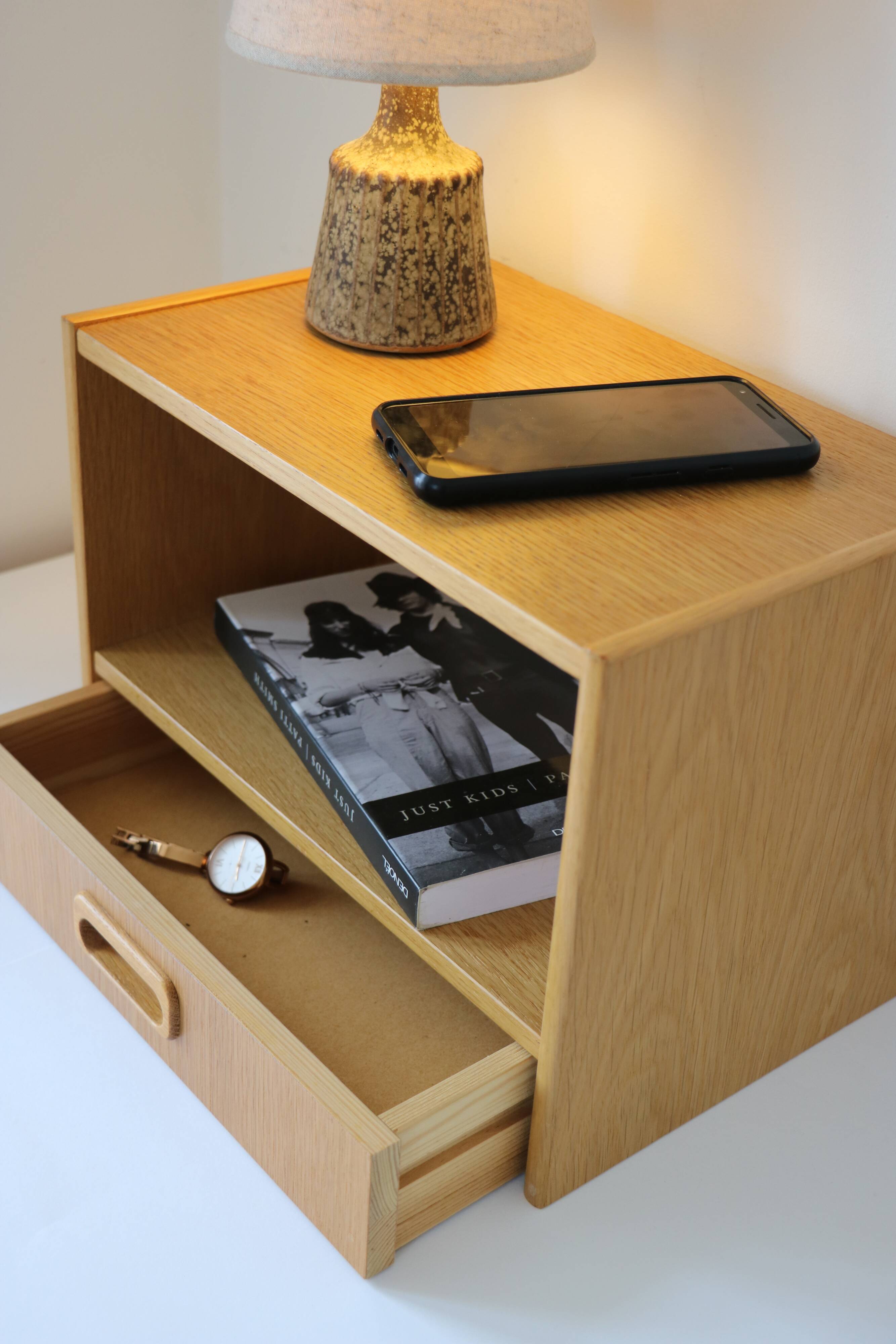2 wall-mounted Scandinavian bedside tables with drawers, oak, 1960.
