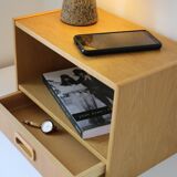 2 Scandinavian wall-mounted bedside tables with drawers, oak, 1960