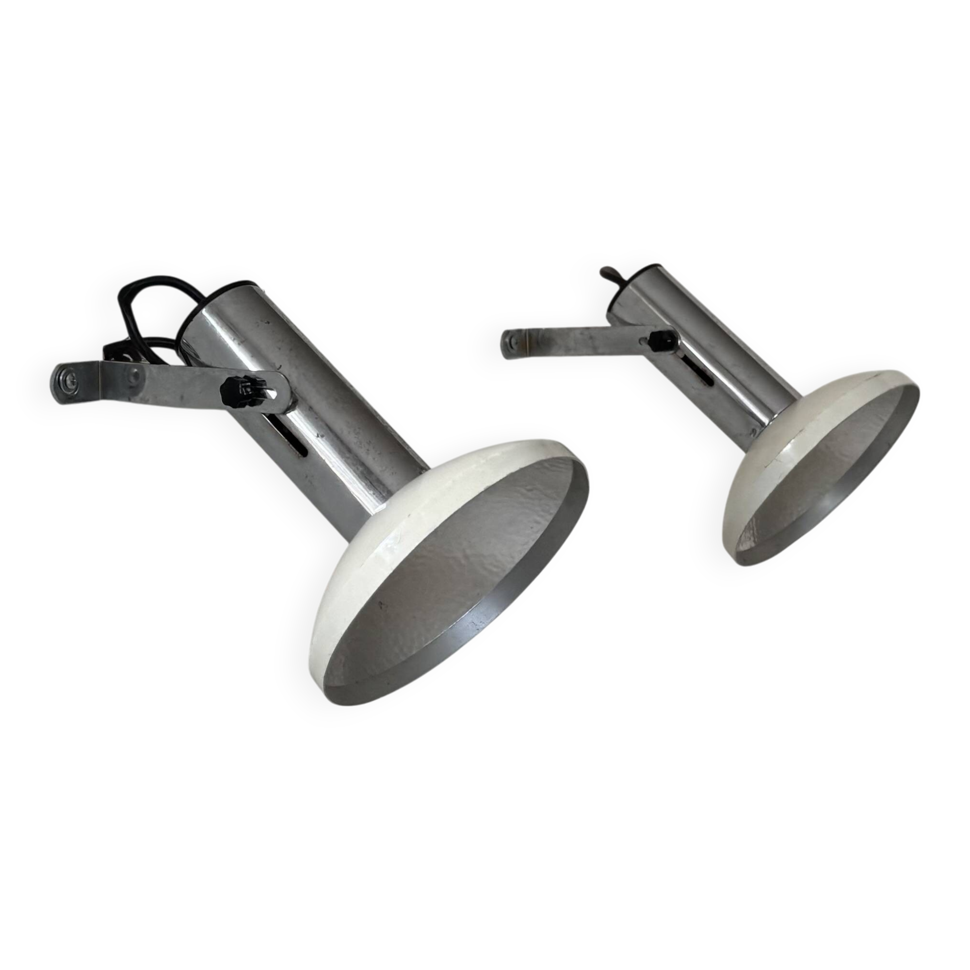 Pair of vintage adjustable wall lights, chrome and white lacquered metal, France 70