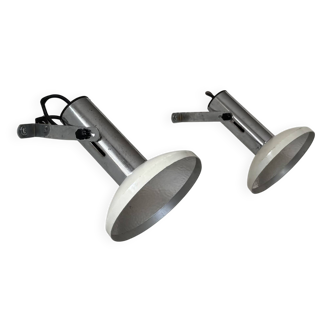 Pair of vintage adjustable wall lights, chrome and white lacquered metal, France 70