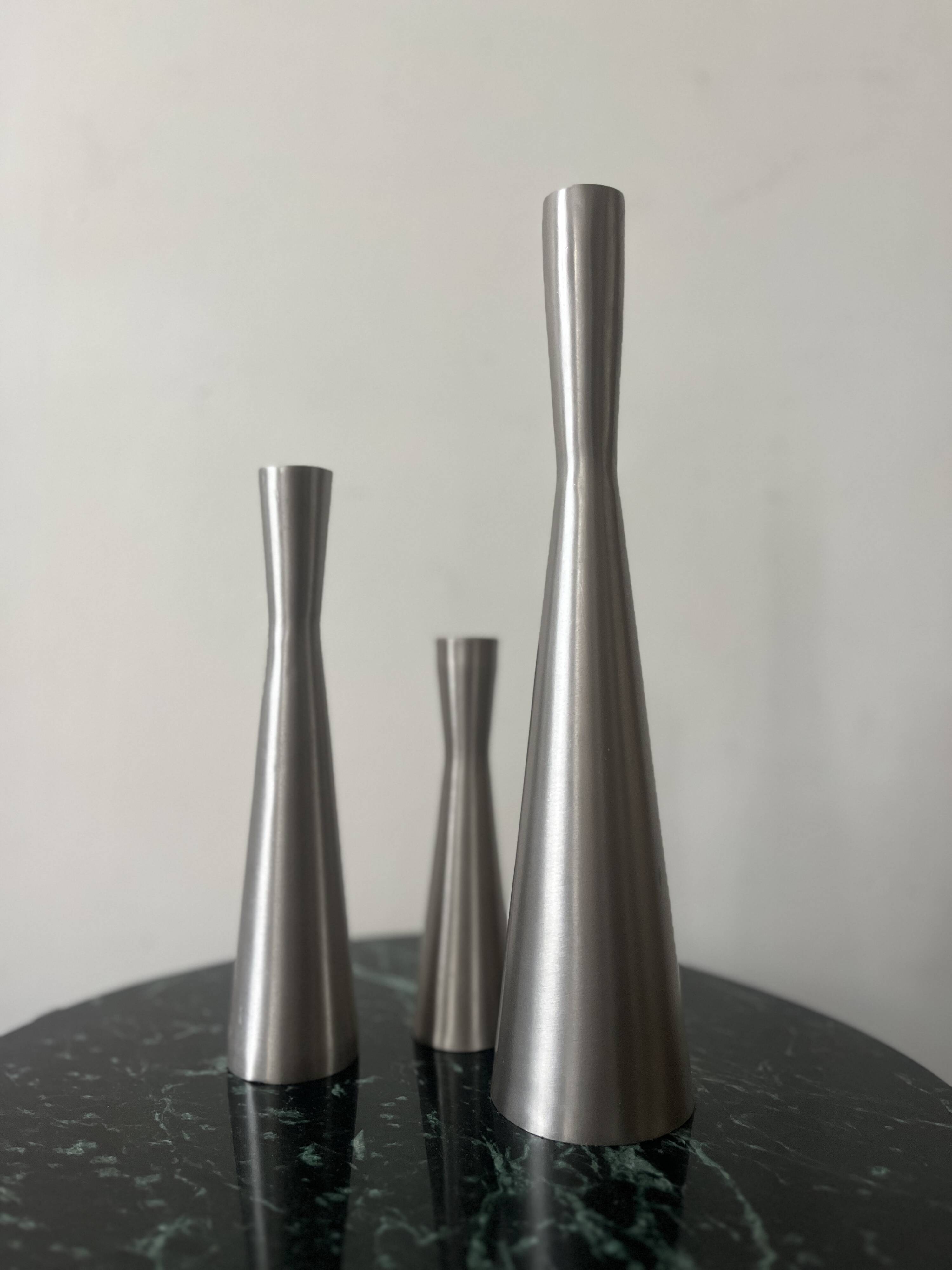 set of 3 chrome metal candle holders, 1970 design
