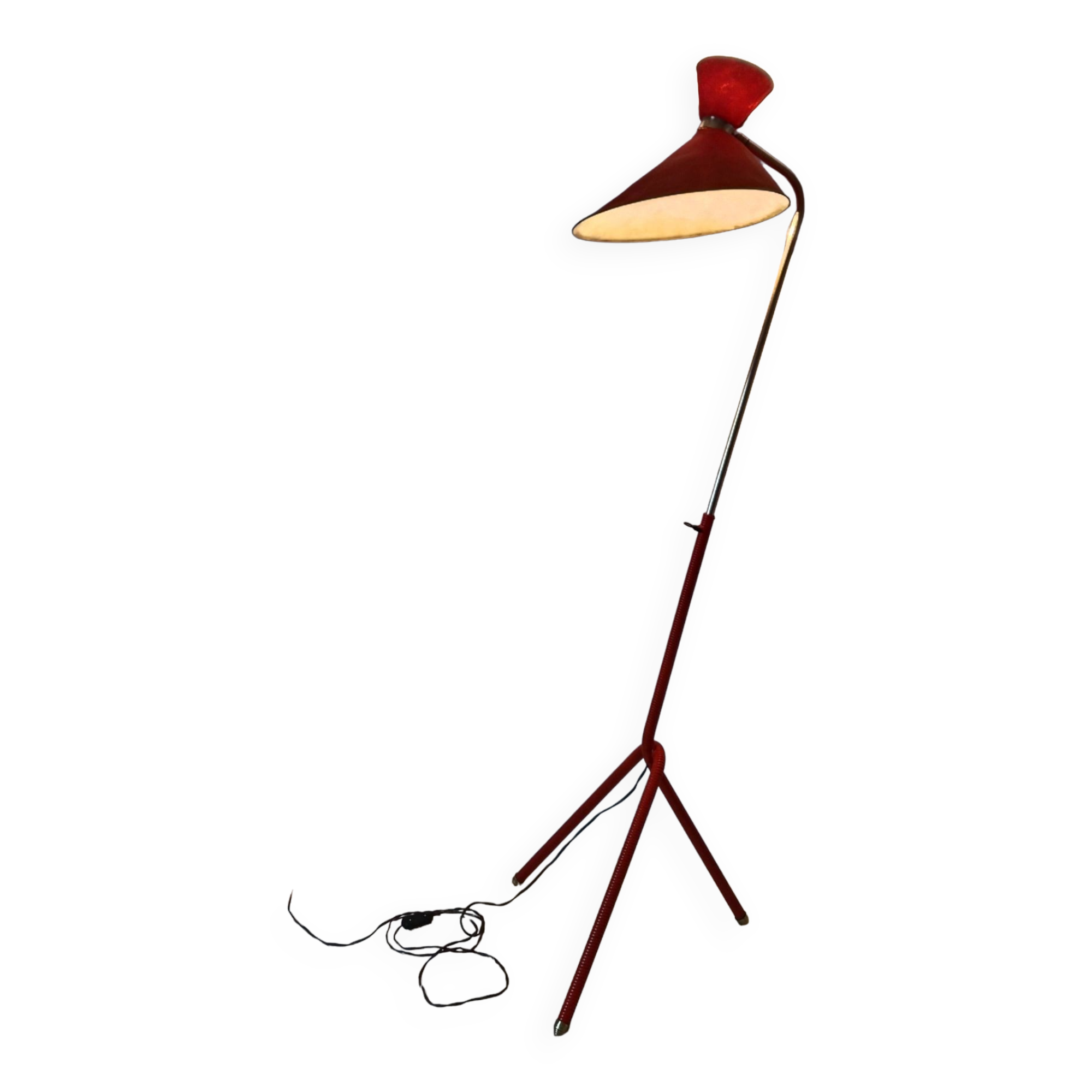 Scoubidou tripod floor lamp, Lunel style diabolo lampshade, 1950s