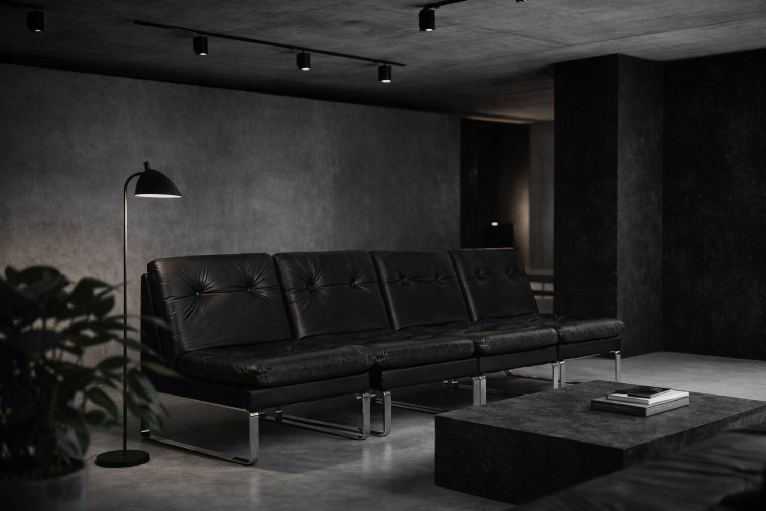 Vintage Mid-Century German Modern Minimalist Leather and Chrome Modular Sofa