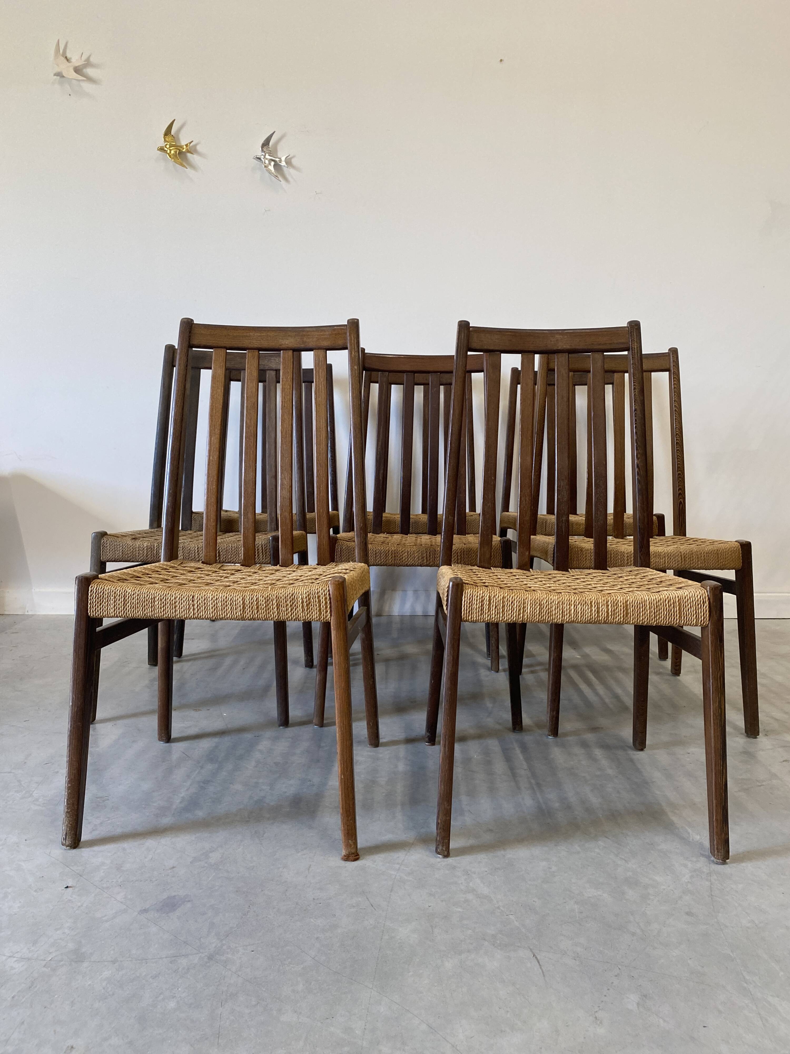 8 wooden chairs with woven rope, 1950s