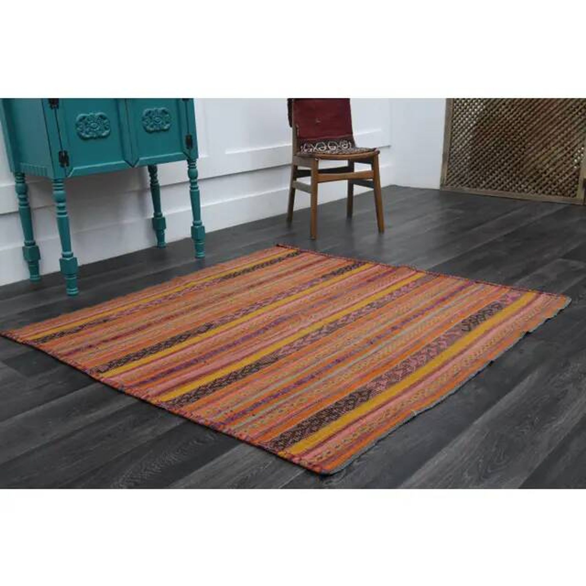 Vintage Turkish Hand-Knotted Wool Cotton Orange Kilim Area Rug 151x153