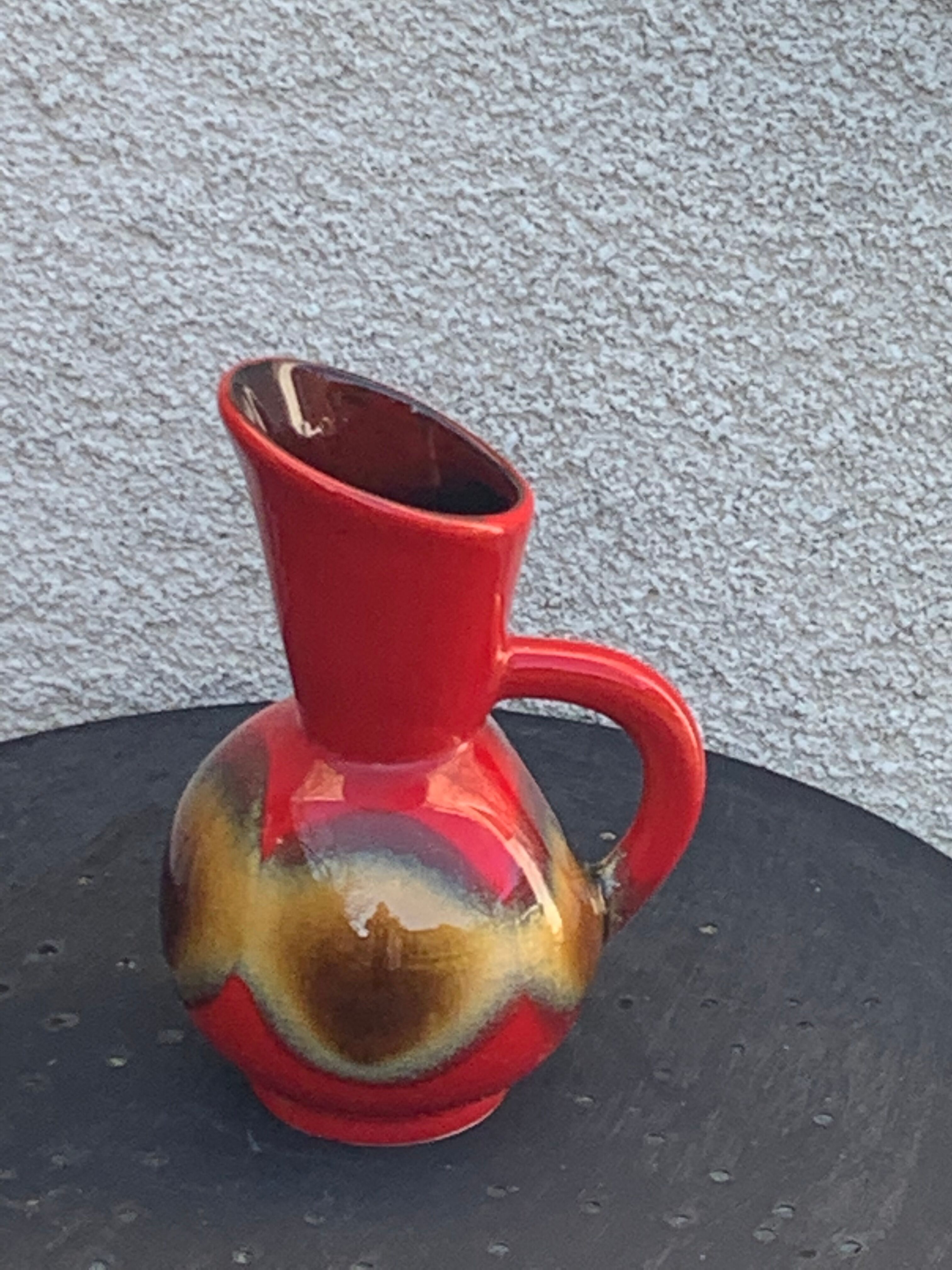 Red and beige glazed ceramic jug, pitcher, carafe, designer and vintage