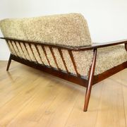 Beautiful vintage three-seater sofa from the 80s with removable cushions - long pile khaki, dark beige