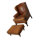 Vintage Dutch cognac coloured leather club chair, with footstool