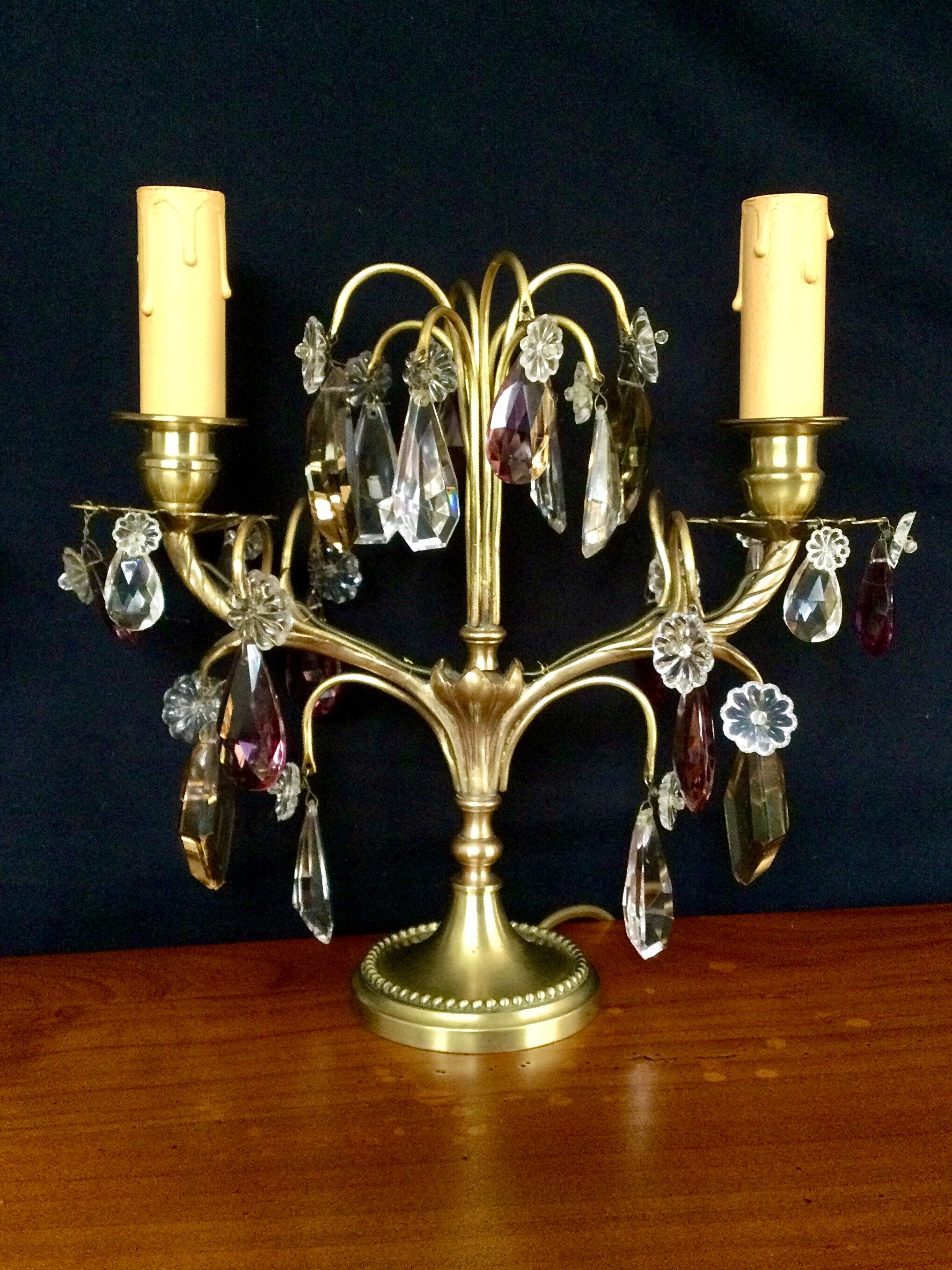 Pair of bronze and crystal girandoles