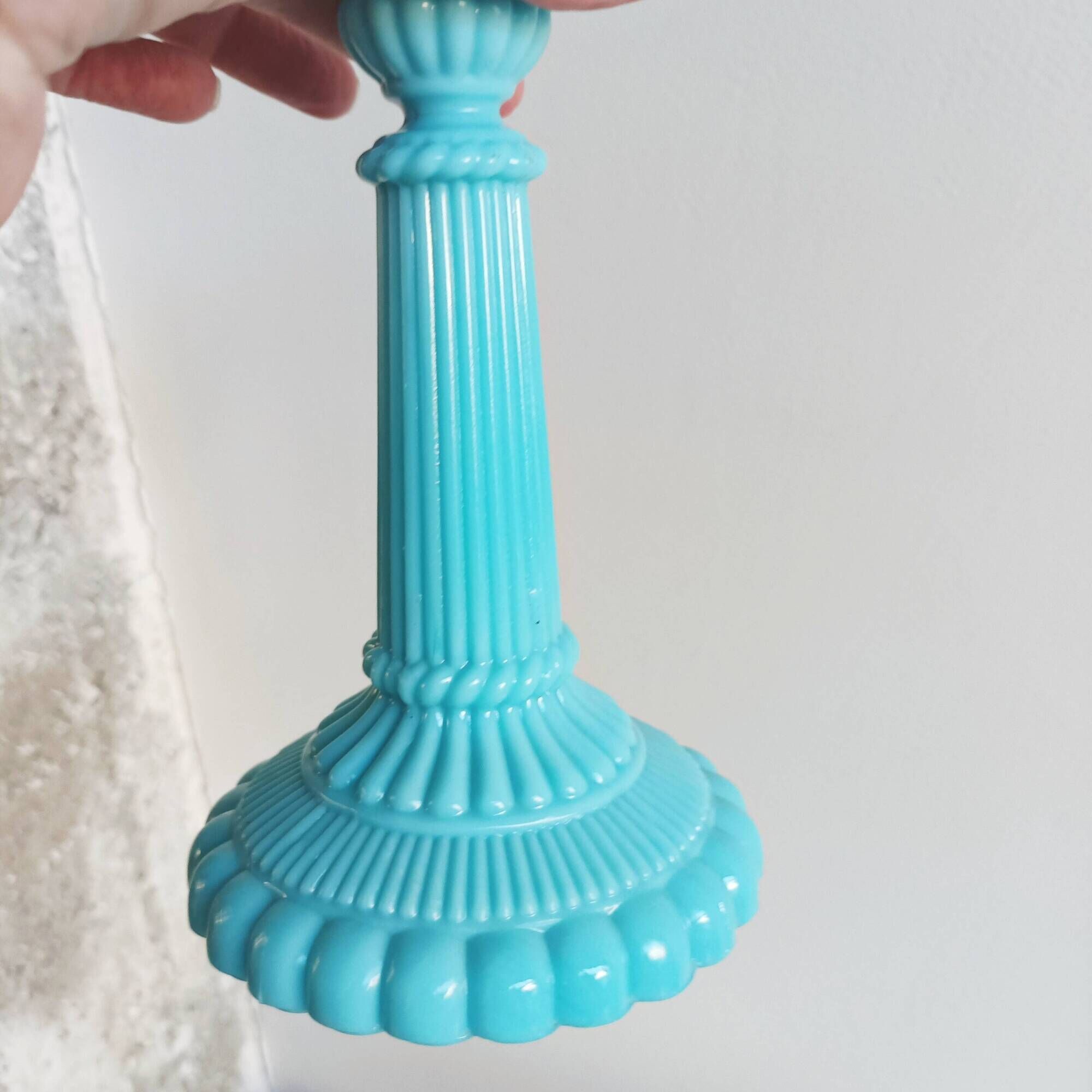 Antique blue opaline candlesticks Portieux Vallerysthal