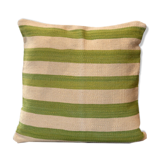 Handwoven Turkish Cushion Cover Green Cream Striped Scatter Cushion