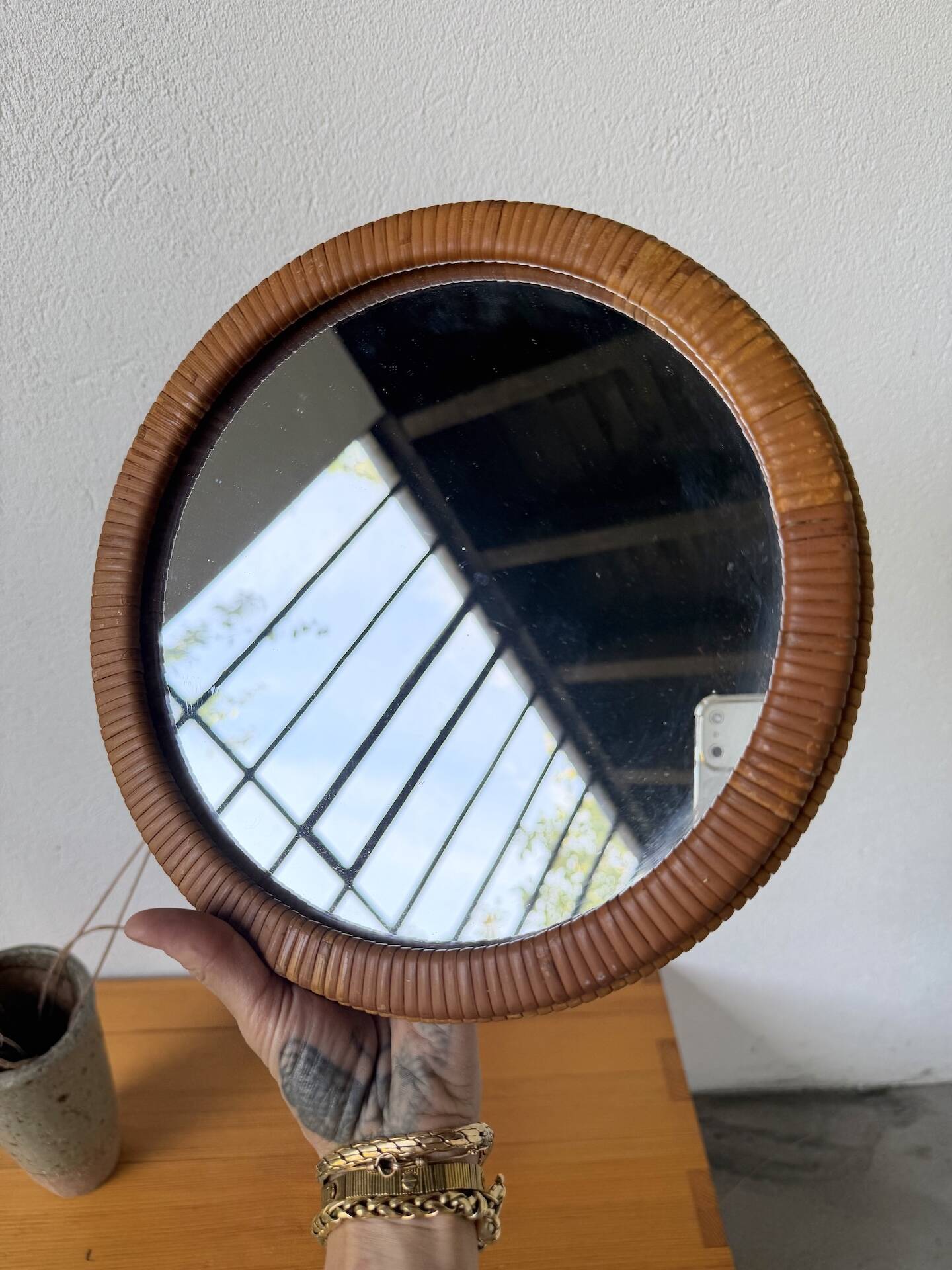 Woven wicker round mirror 1960