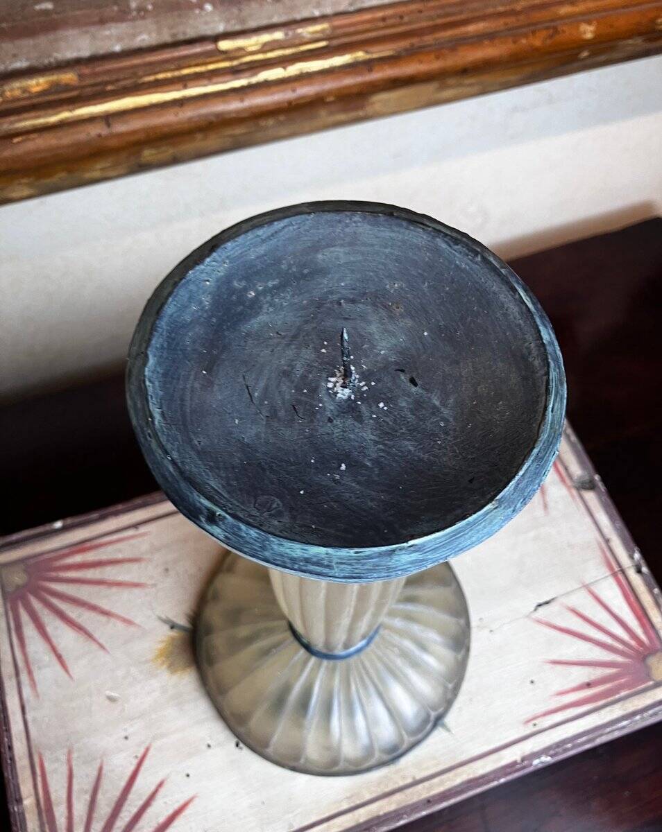 Art Deco Frosted Acrylic and Verdigris Brass Pricket Candleholder