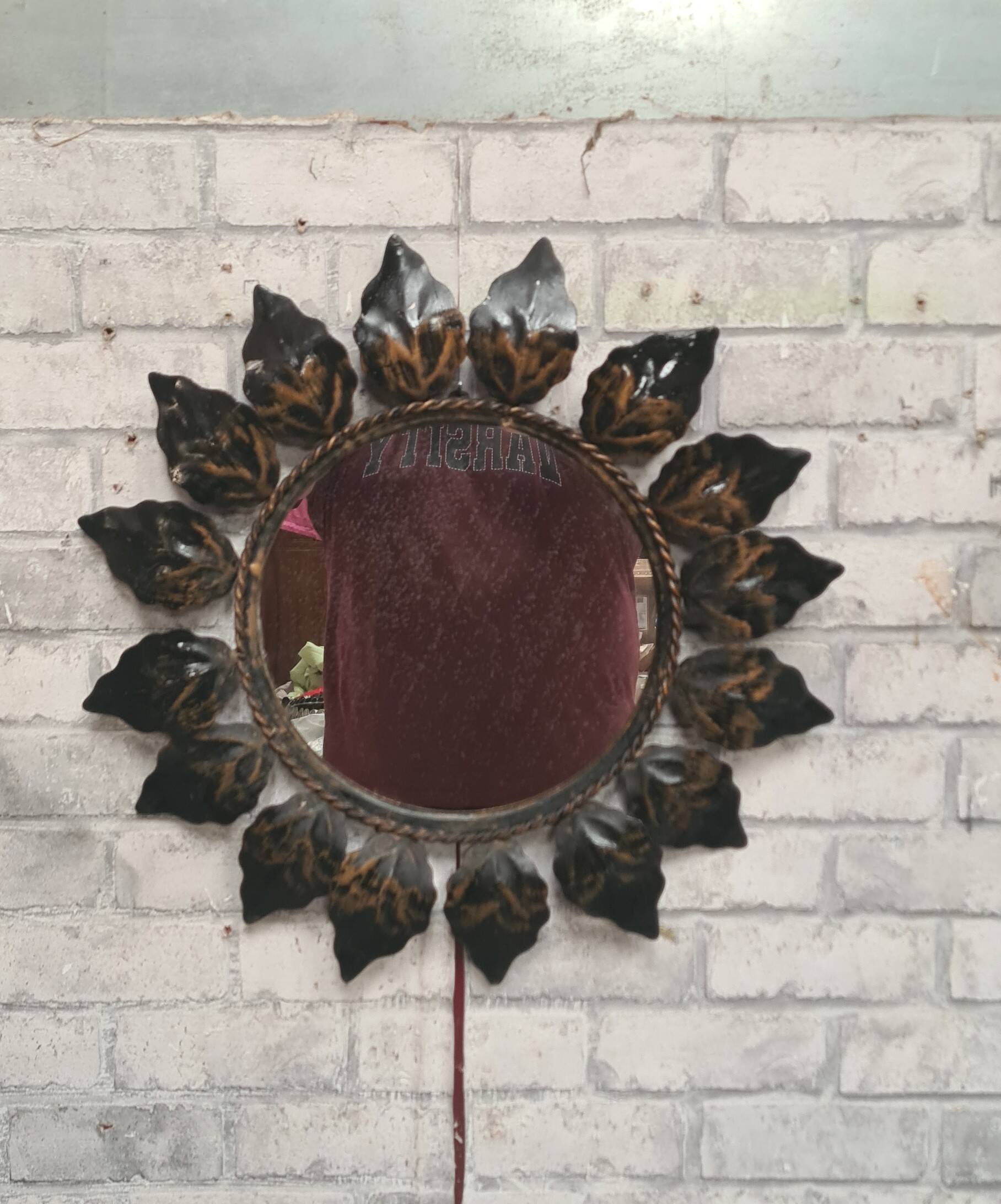 sun leaf mirror patinated iron 45cm very good general condition