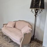 Louis XV style bench sofa in pink fabric and burlap
