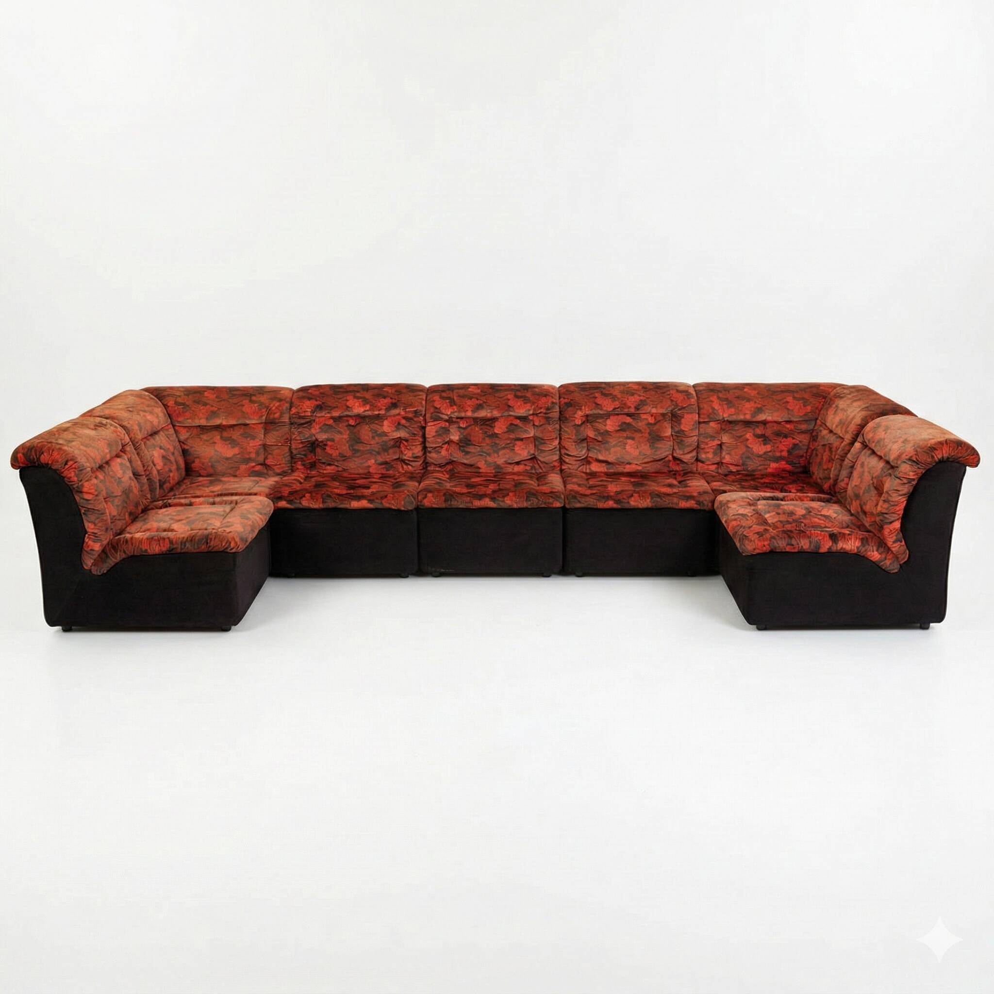 Modular Sofa Set (7 Pieces) — Velour Upholstery in Red-Orange Floral Patter