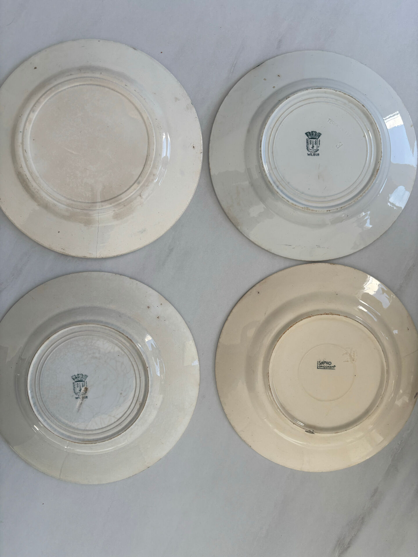 Lot of 6 green ironstone plates, antique French faience.