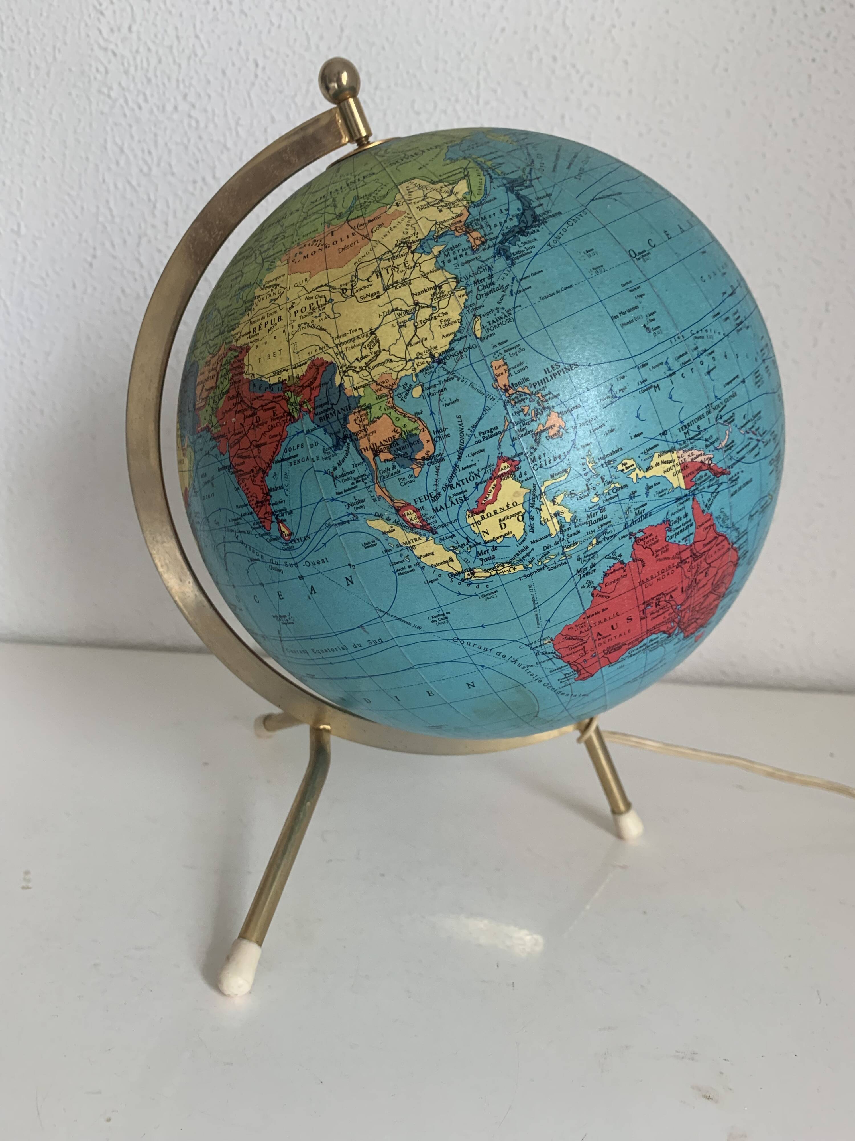 Globe vintage 1963 terrestrial Taride tripod glass world map - 28 cm