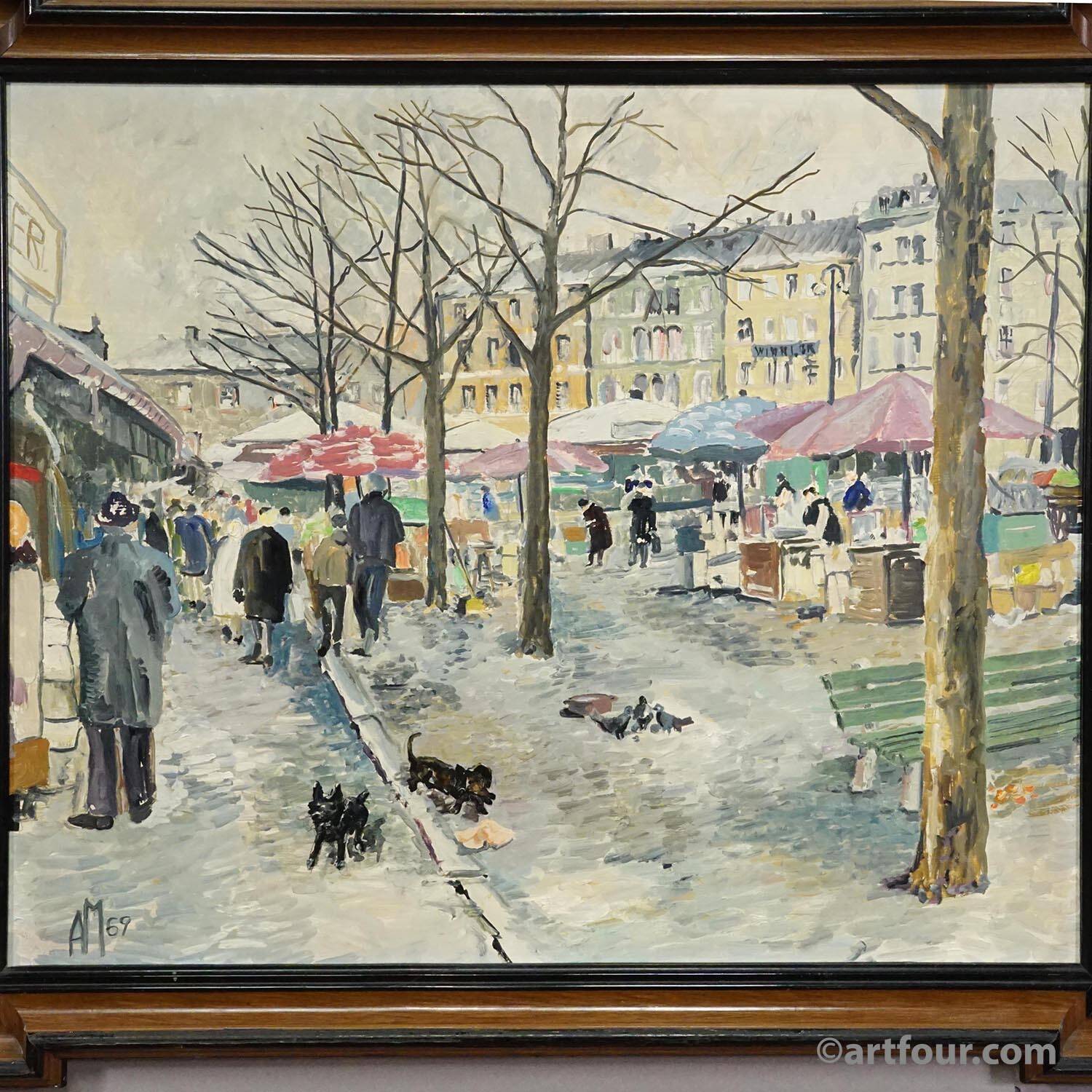 Vintage oil painting of the Viktualienmarkt in winter in Munich by Alexander Michael.