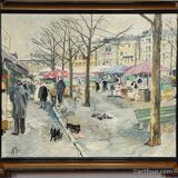 Vintage oil painting of the Viktualienmarkt in winter in Munich by Alexander Michael.