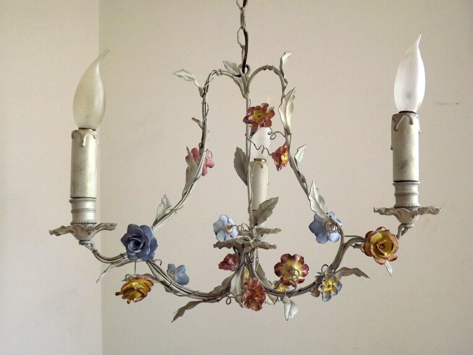 Italian tole ware 3 light cage chandelier with porcelain flowers