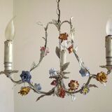 Italian tole ware 3 light cage chandelier with porcelain flowers