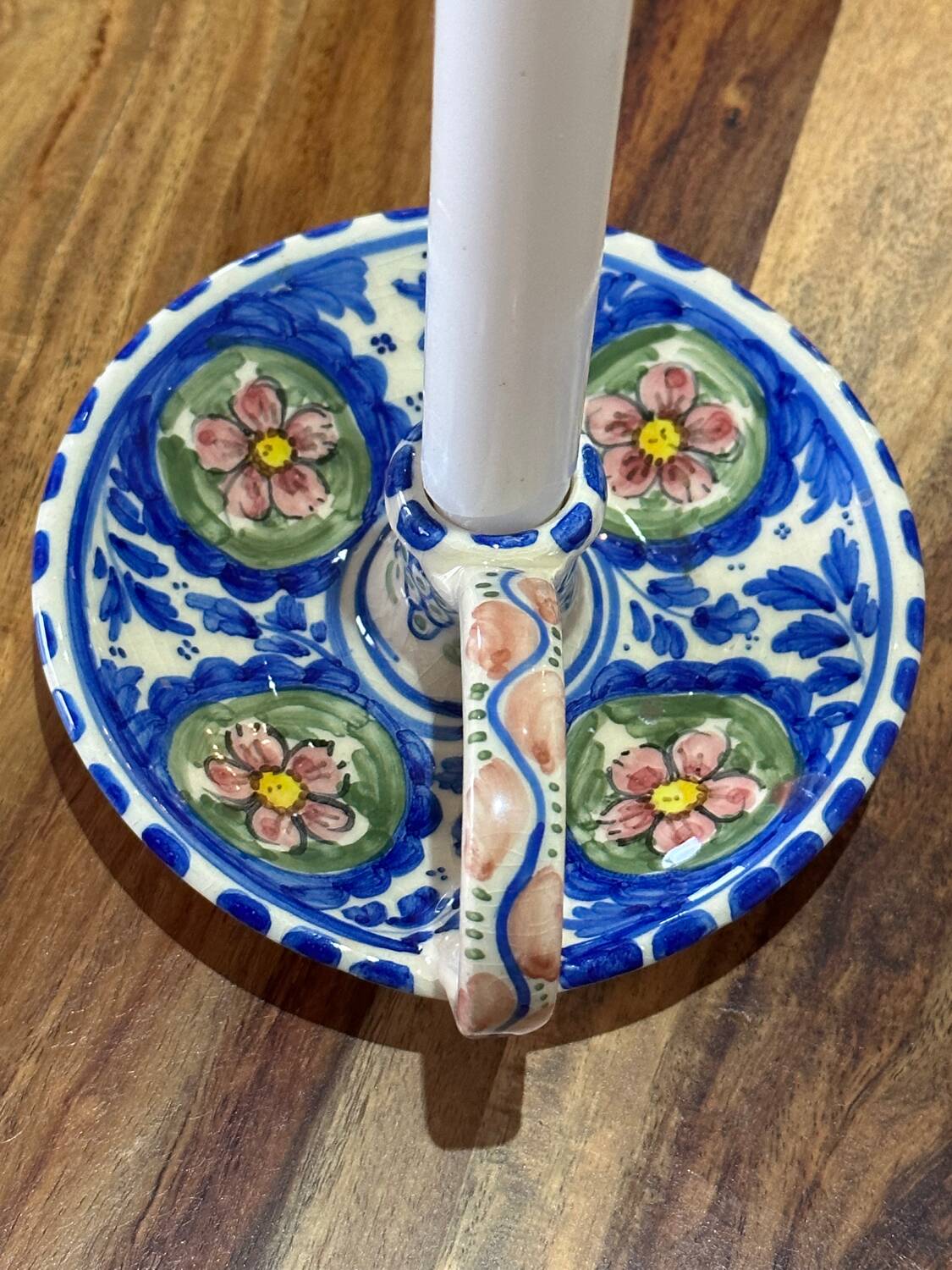 Ceramic candle holder - blue with pink flowers