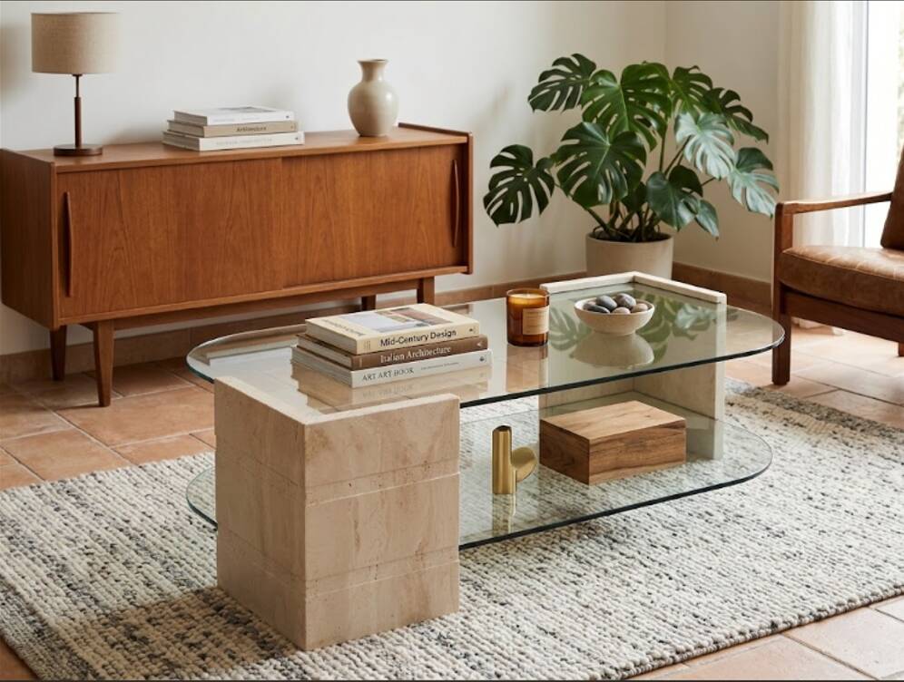 Table basse vintage en travertin et verre – Années 1970/1980