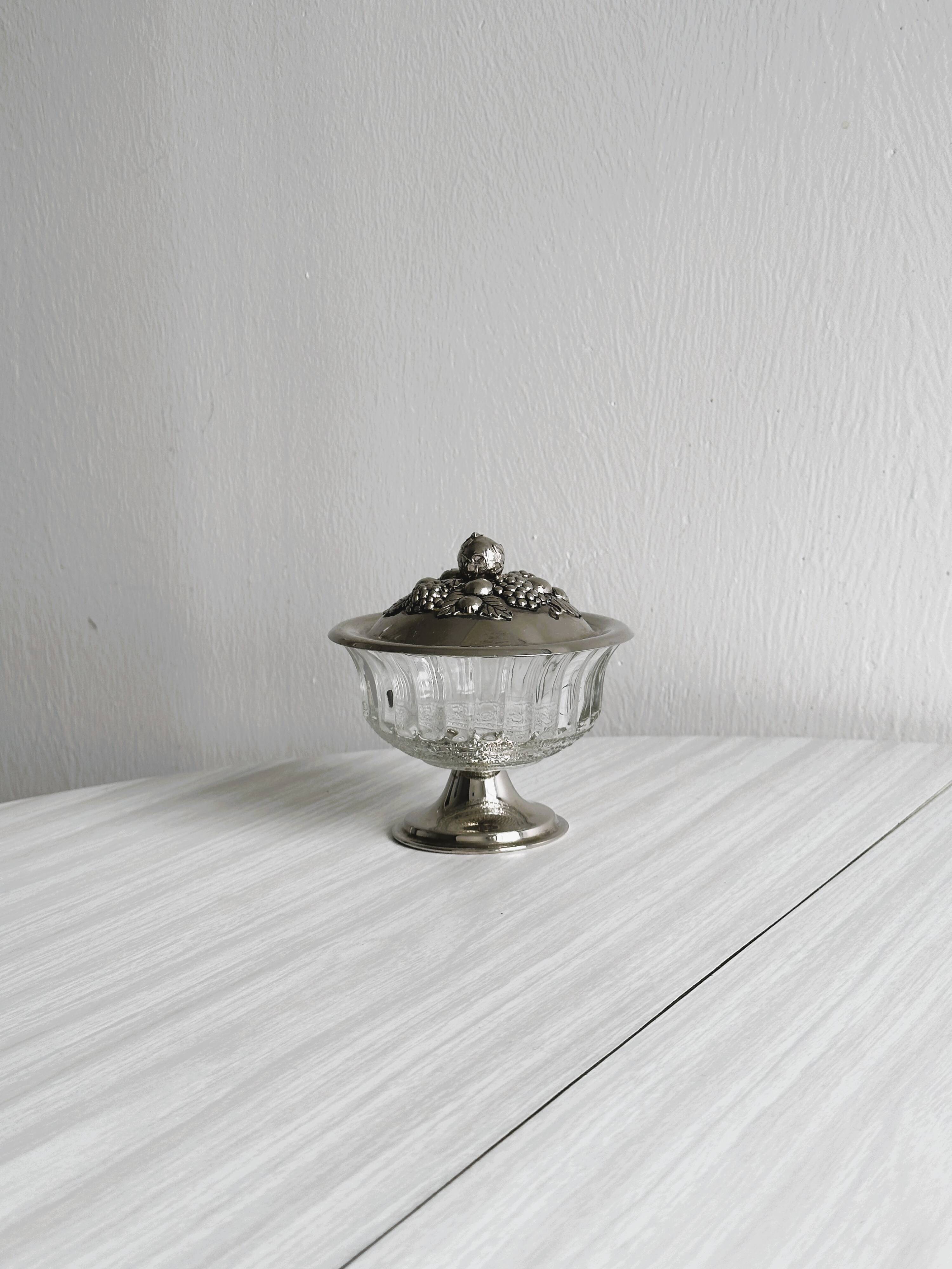 Antique sugar bowl in pressed glass and silver-plated metal