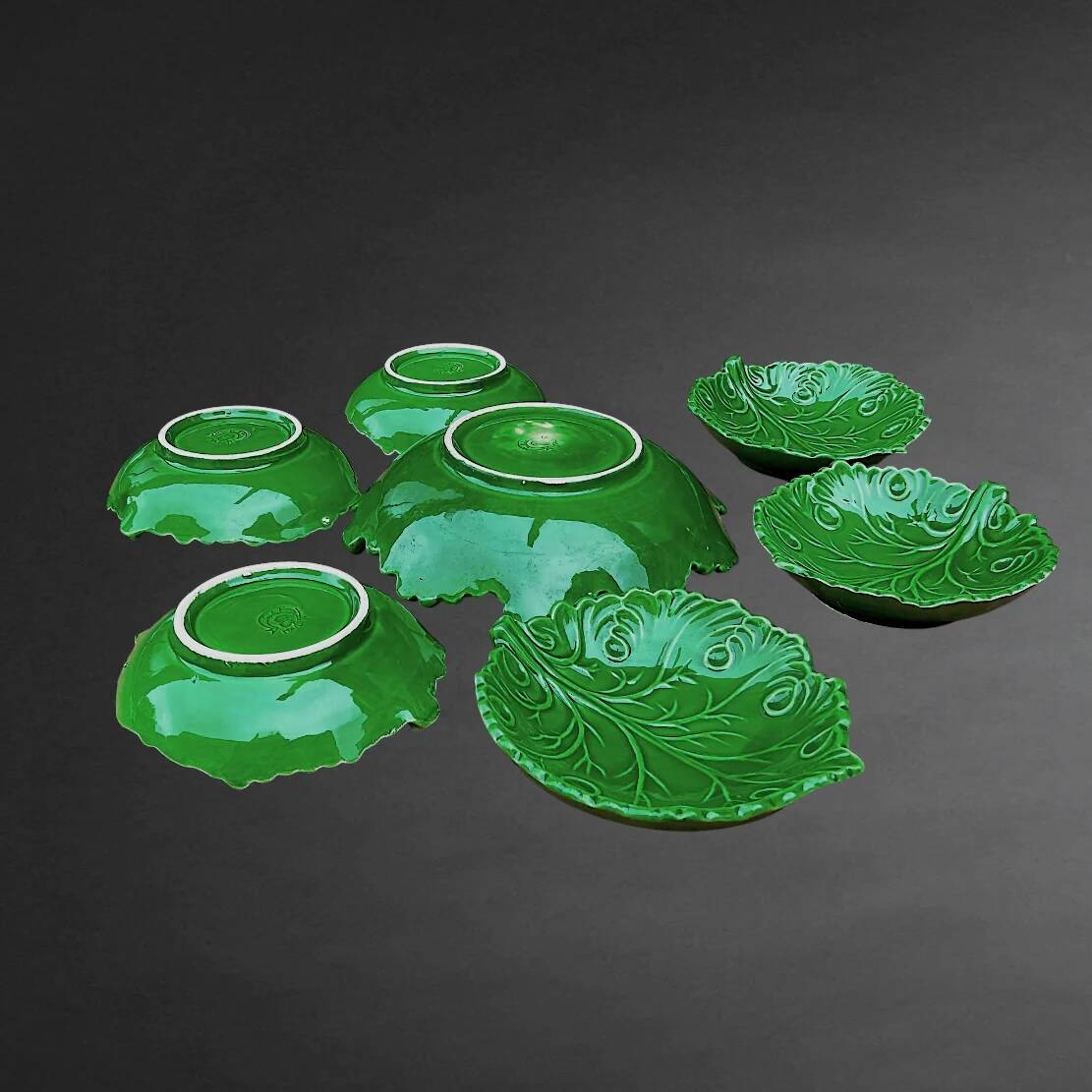 Service à dessert majolique italienne C.A.L Nove – feuilles de vigne vert - 7 pièces - années 60