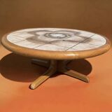 Mid Century Round Coffee Table Danish Modern  Teak & Tile-top Inset Mk Sofa
