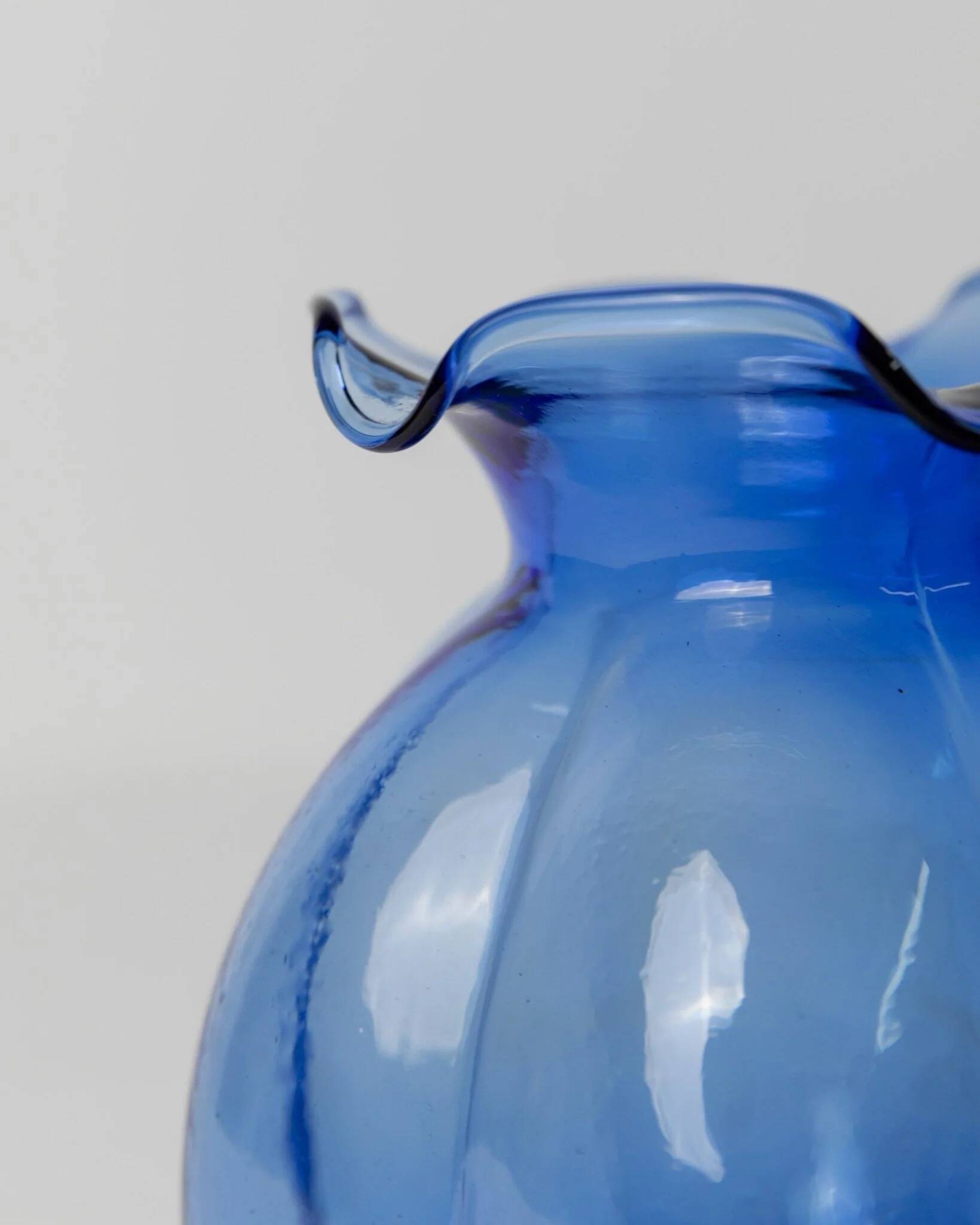 Cobalt Blue Hazel Atlas Glass Vase, 1930s Bulbous Form with Ruffled Lip and Embossed Underside