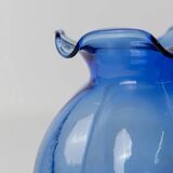 Cobalt Blue Hazel Atlas Glass Vase, 1930s Bulbous Form with Ruffled Lip and Embossed Underside