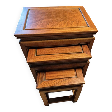 Table gigogne 3 pièces empilable teck en bois asiatique chinoiserie
