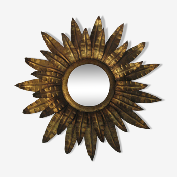 Miroir soleil feuilles dorées métal 1950 55cm