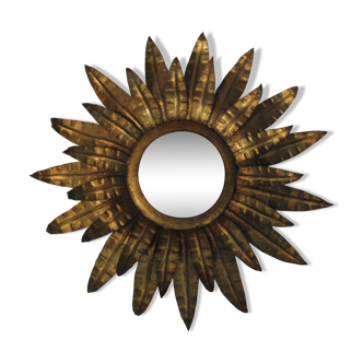 Miroir soleil feuilles dorées métal 1950 55cm
